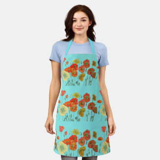 Red Orange Yellow Poppies Flower floral art Aqua A Apron