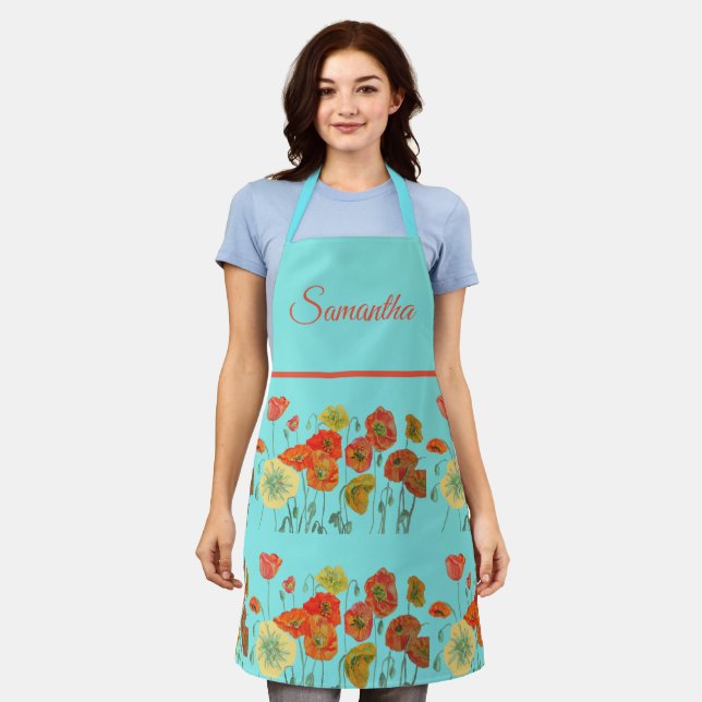 Red Orange Yellow Poppies Flower floral art Aqua Apron (Worn)