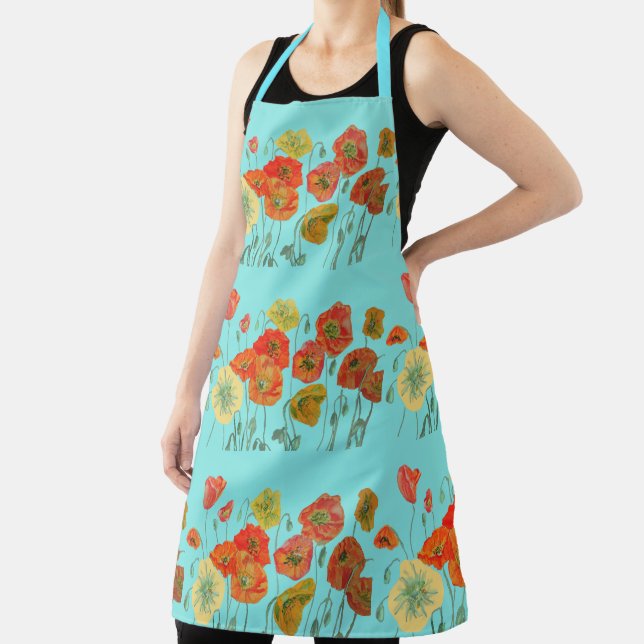 Red Orange Yellow Poppies Flower floral art Aqua Apron (Insitu)
