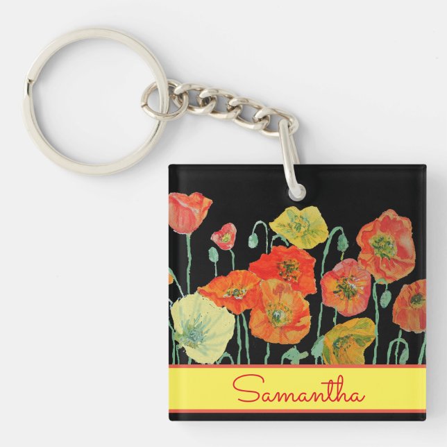 Red Orange Yellow Poppies Girls Name Key Ring (Front)