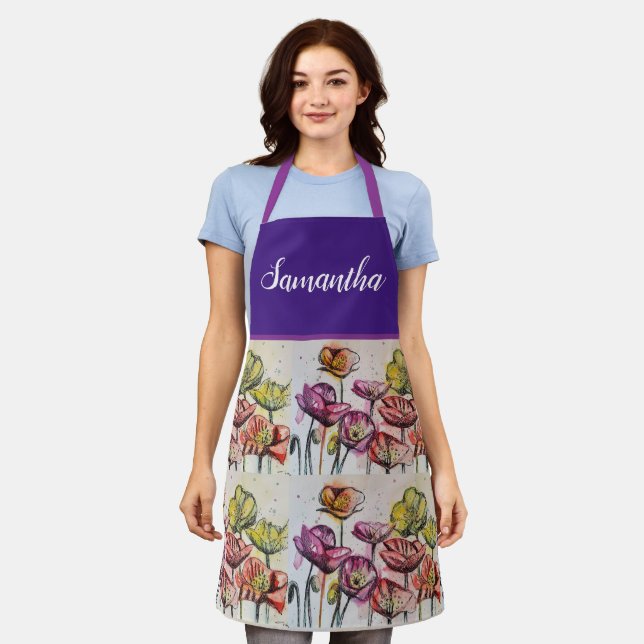 Red Orange Yellow Poppy Flowers Poppies Floral Art Apron (Worn)