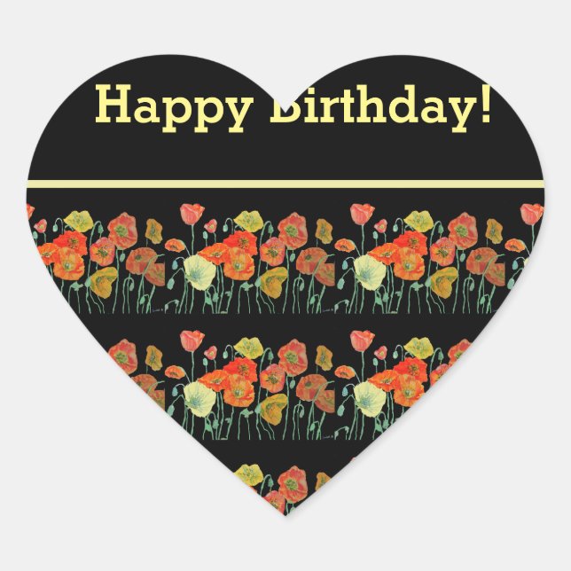 Red Orange Yellow Poppy Flowers Poppies Floral Art Heart Sticker (Front)