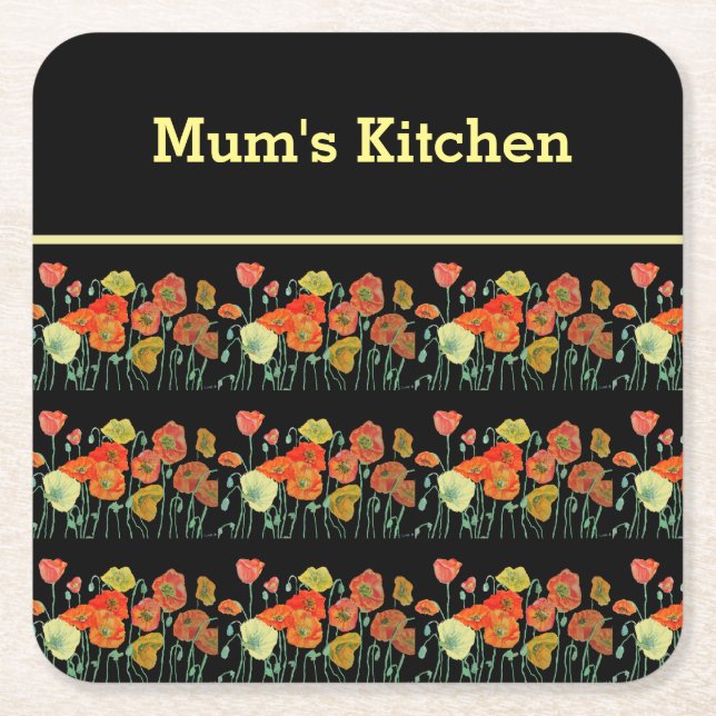 Red Orange Yellow Poppy Flowers Poppies Floral Art Square Paper Coaster (Front)