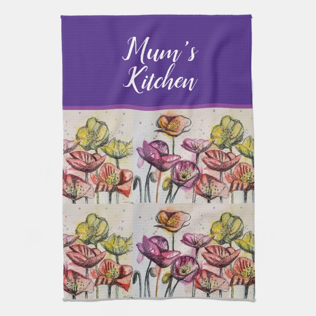 Red Orange Yellow Poppy Flowers Poppies Floral Art Tea Towel (Vertical)