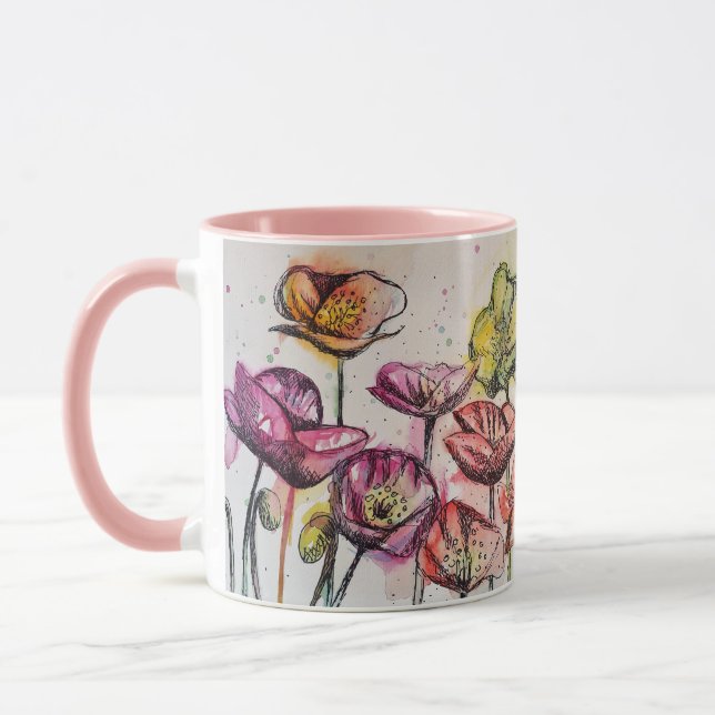 Red Orange Yellow Poppy Flowers Poppies Floral Mug (Left)