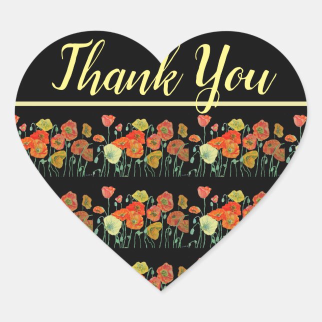 Red Orange Yellow Poppy Flowers Poppies Thank You Heart Sticker (Front)