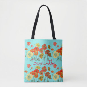 Red Orange Yellow Poppy Poppies Floral Flower Aqua Tote Bag