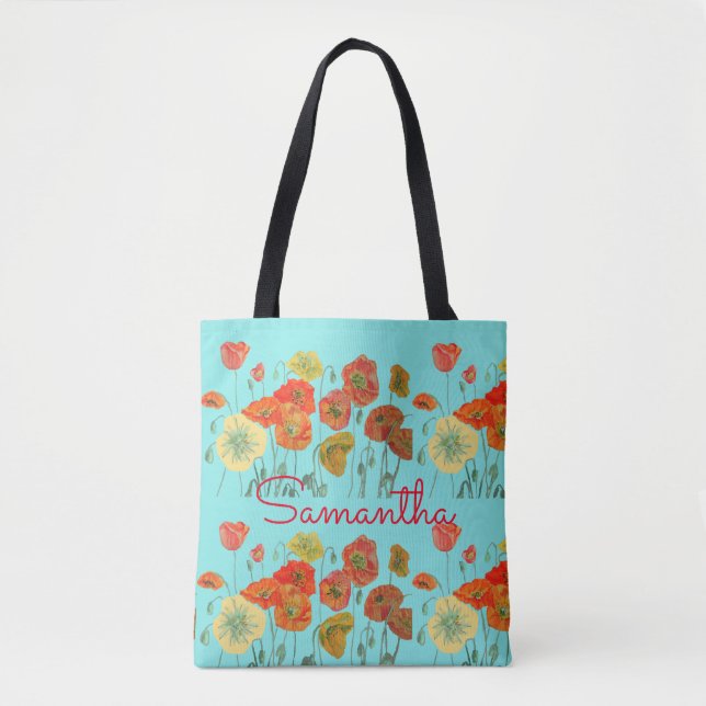 Red Orange Yellow Poppy Poppies Floral Flower Aqua Tote Bag (Front)