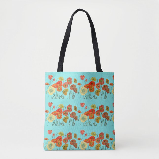 Red Orange Yellow Poppy Poppies Floral Flower Aqua Tote Bag (Front)