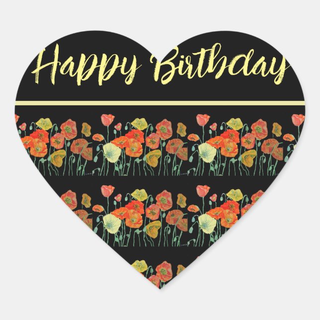 Red Orange Yellow Poppy Poppies Happy Birthday Heart Sticker (Front)