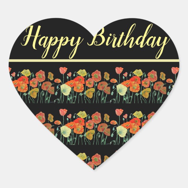 Red Orange Yellow Poppy Poppies Happy Birthday Heart Sticker (Front)