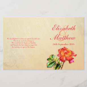 Red orange yellow tea rose wedding programme