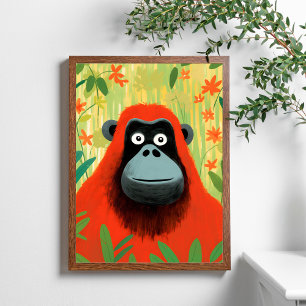 Red Orangutan Jungle Scene Kids Art Poster