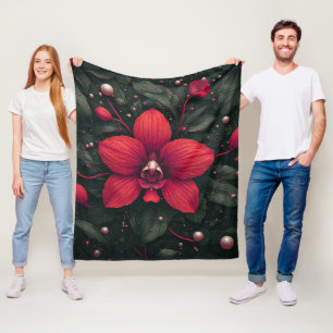 Red Orchid Bloom With Green Leaves Fleece Blanket