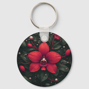 Red Orchid Bloom With Green Leaves Key Ring