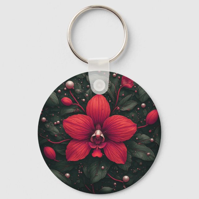 Red Orchid Bloom With Green Leaves Key Ring (Front)