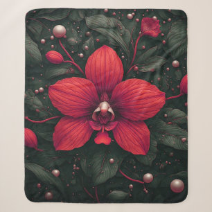 Red Orchid Bloom With Green Leaves Sherpa Blanket