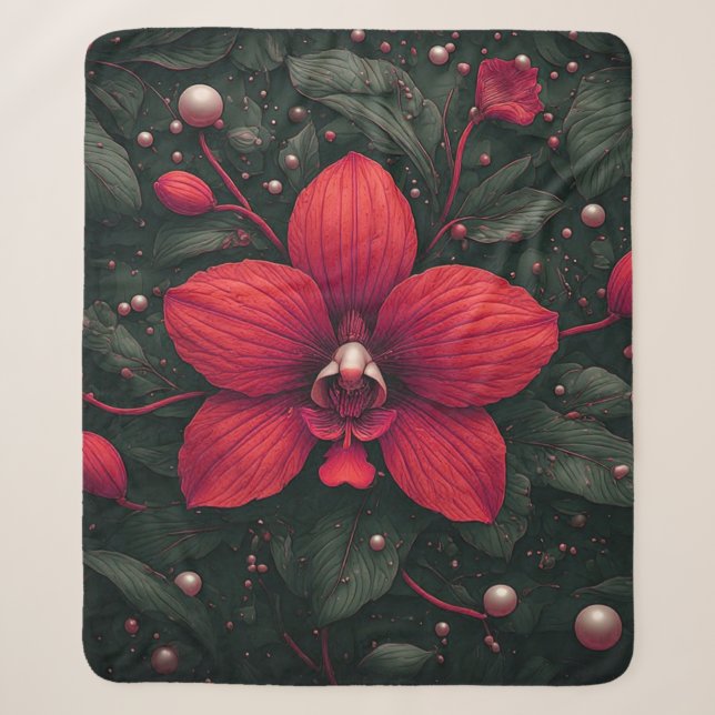 Red Orchid Bloom With Green Leaves Sherpa Blanket (Front)