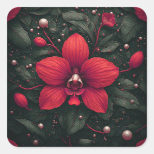 Red Orchid Bloom With Green Leaves Square Sticker