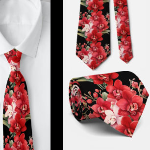 Red Orchid Flowers Neck Tie