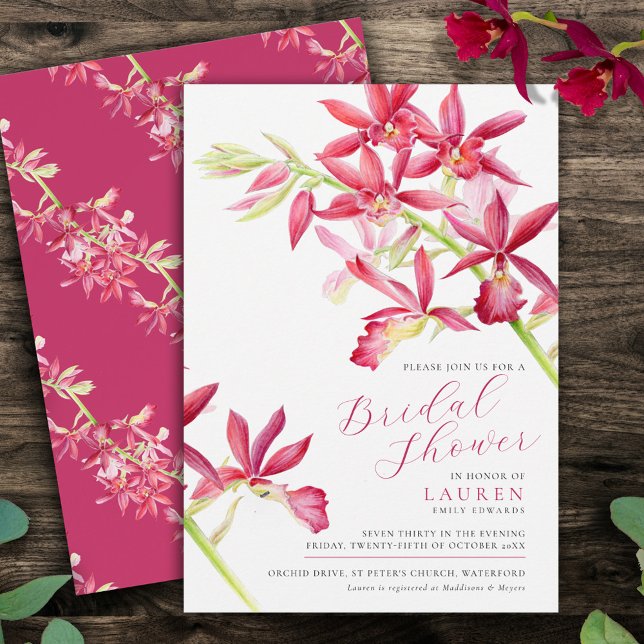 Red orchid watercolor botanical bridal shower invitation (Creator Uploaded)