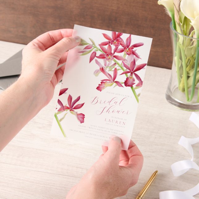 Red orchid watercolor botanical bridal shower vellum invitations (Handheld)