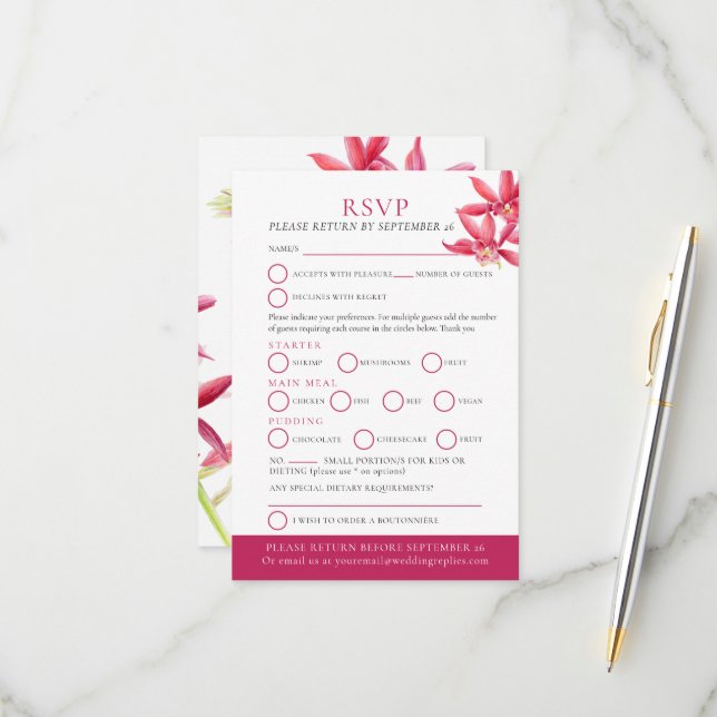 Red orchid watercolor botanical wedding RSVP card (Front/Back In Situ)