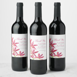 Red orchid watercolor botanical wedding thank you wine label
