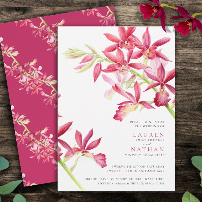 Red orchid watercolor modern botanical wedding invitation (Creator Uploaded)