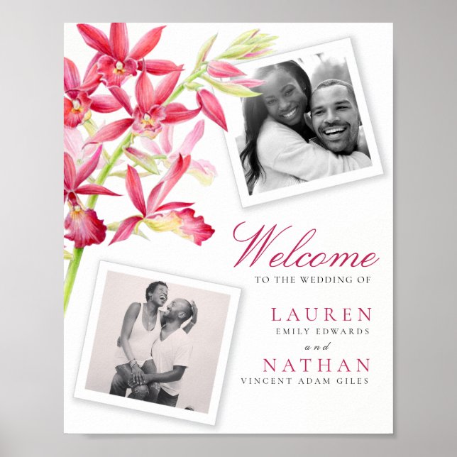 Red orchid watercolor modern wedding photo welcome poster (Front)