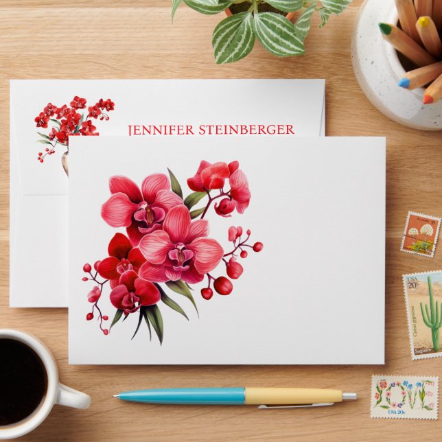 Red Orchid Wedding Invitations Envelope (Desk)