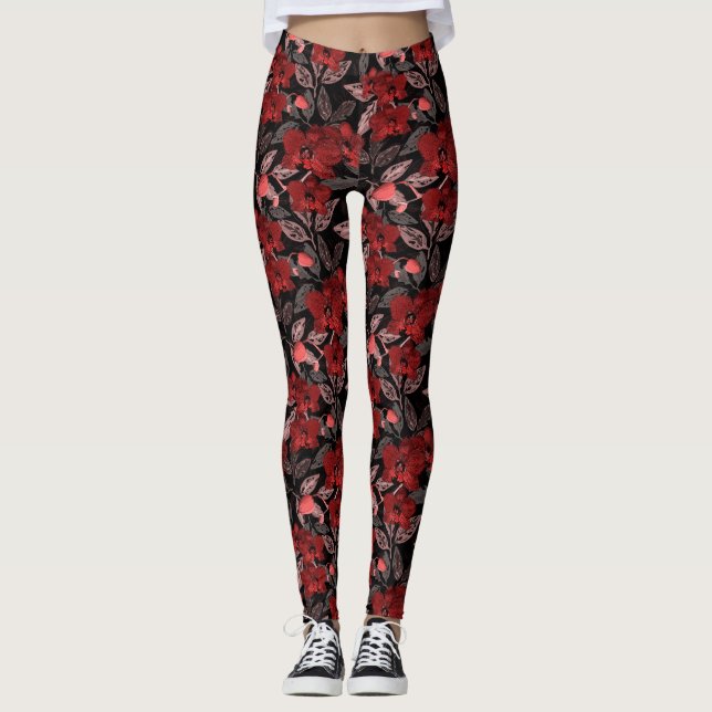 Red orchids on black.  leggings (Front)