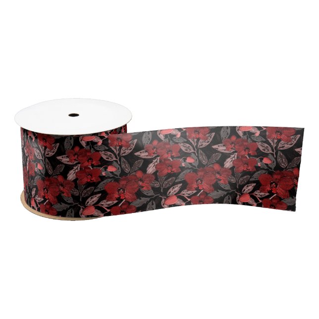Red orchids on black.  satin ribbon (Spool)