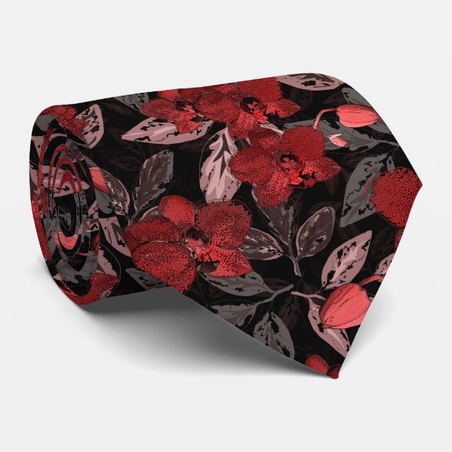 Red orchids on black.  tie (Rolled)