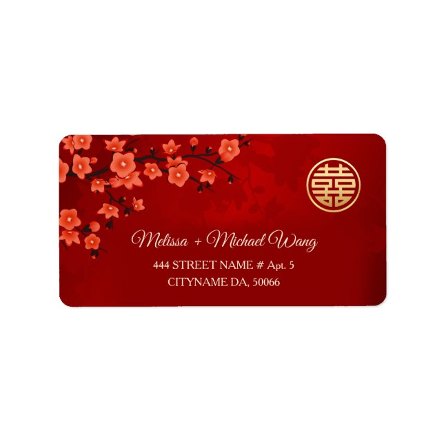 Red Oriental Blossom  | Chinese Wedding Label (Front)