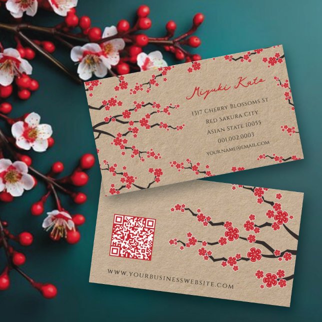 Red Oriental Cherry Blossoms Asian Profile Card (Red Sakura Flowers Oriental Cherry Blossoms Asian Business Card @ fat_fa_tin)