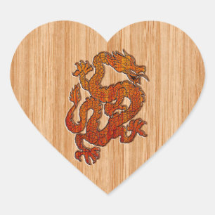Red Oriental Dragon on Bamboo style Heart Sticker