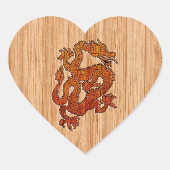 Red Oriental Dragon on Bamboo style Heart Sticker (Front)