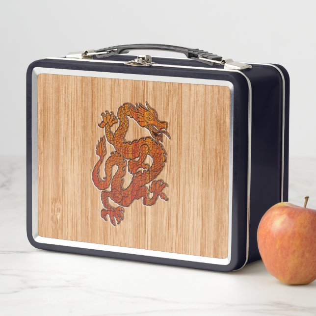 Red Oriental Dragon on Bamboo style Metal Lunch Box (In Situ)