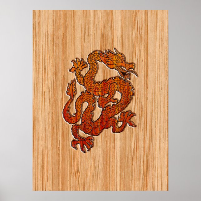 Red Oriental Dragon on Bamboo style Poster (Front)