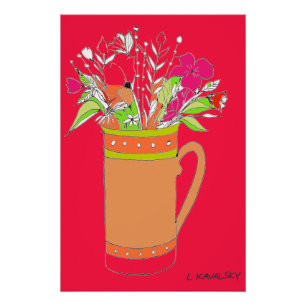 Red Original Colourful Flowers In A Mug Poster
