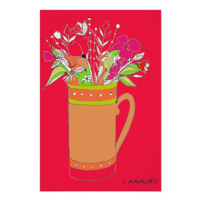 Red Original Colourful Flowers In A Mug Poster  (Front)