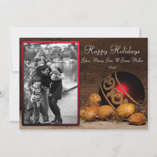 Red Ornament and Nuts Christmas Photo Card