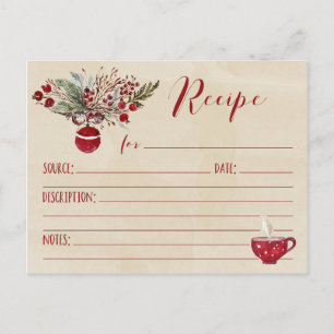 Red Ornament Holiday Recipe Watercolor Background Postcard