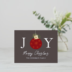 Red Ornament Merry Christmas JOY Silver Foil Holiday Postcard