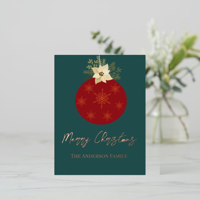 Red Ornament Merry Christmas Rose Gold Foil Holiday Postcard (Standing Front)