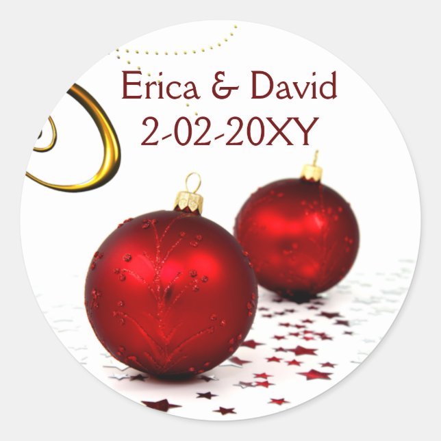 red ornament  winter wedding classic round sticker (Front)