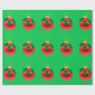 Red Ornament With Holly Green Wrapping Paper