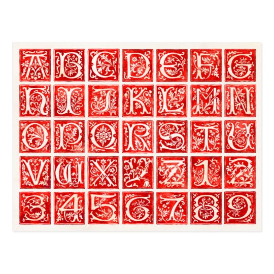Red Ornamental Alphabet and Numbers Postcard