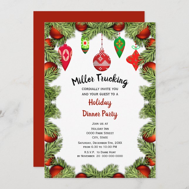 Red Ornaments Christmas Holiday Party / Business Invitation (Front/Back)